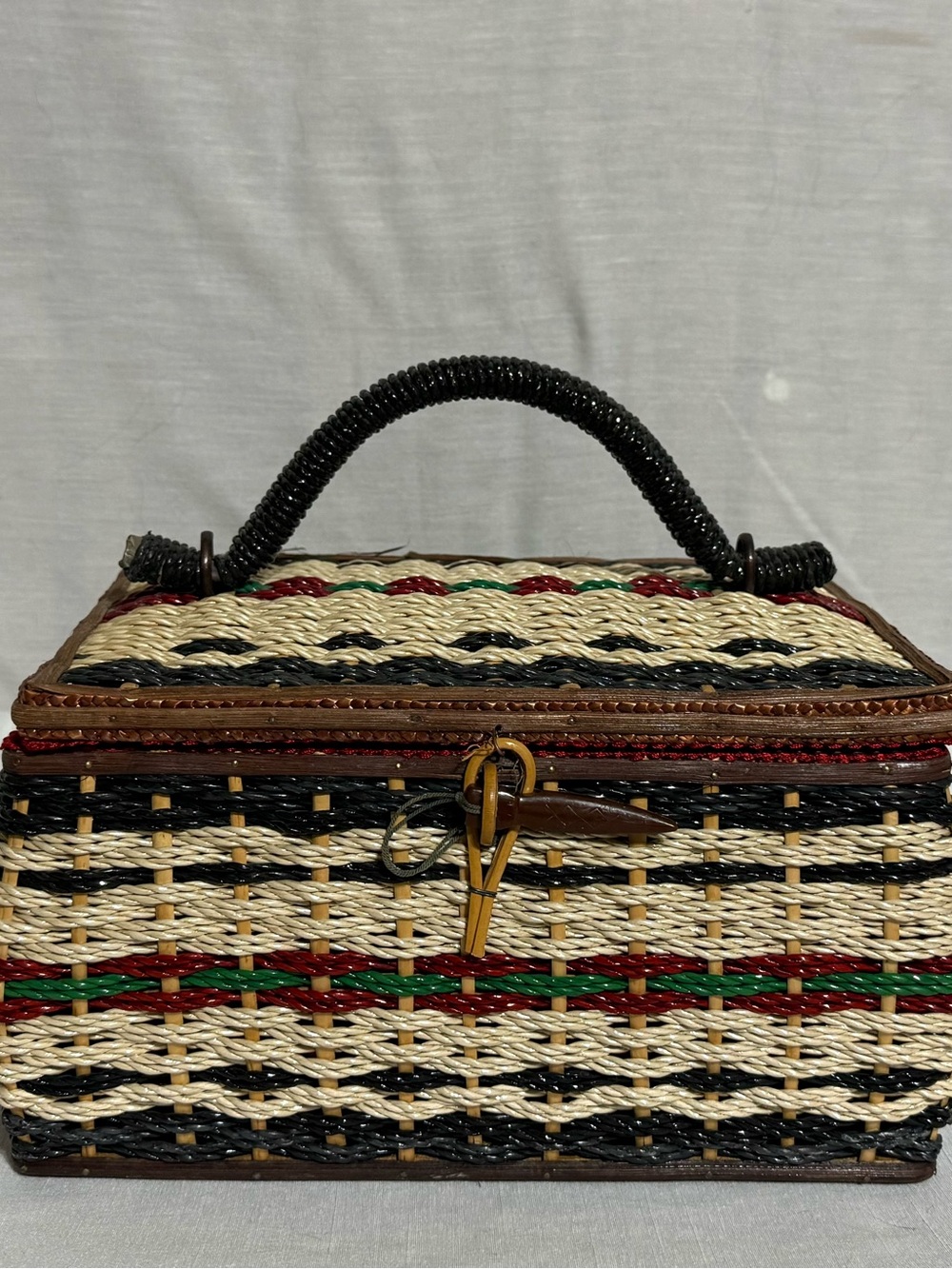 Vintage Azar Sewing Basket Woven Storage Box Red Satin Lined Japan w/ Supplies